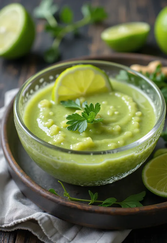 Salsa de jengibre, lima y romero servida