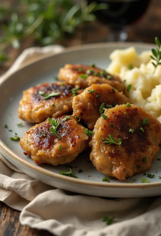 Hígado de pollo frito crujiente, servido con pan fresco y cebolla morada