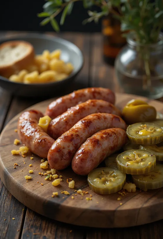Salchichas asadas con pepinillos y pan