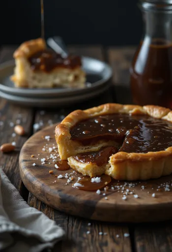 Versión de Treacle tart de caramelo salado, servida con pastel y mantequilla de cacahuete