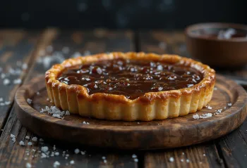 Versión de Treacle tart de caramelo salado, servida con pastel y mantequilla de cacahuete