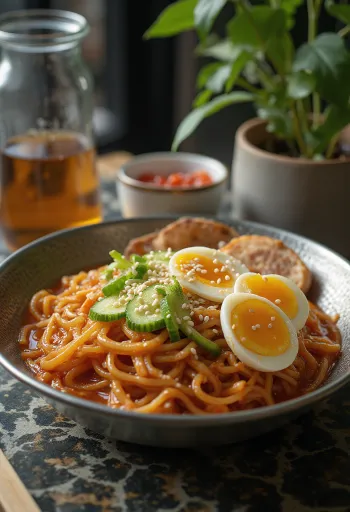Bibim naengmyeon con verduras frescas y salsa picante