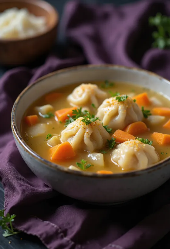 Sopa caliente con verduras y suaves albóndigas caseras, servida en un plato hondo