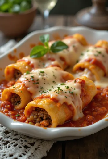 Canelones de carne con salsa de tomate y queso fundido