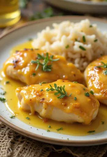 Pechuga de pollo jugosa a la miel y mostaza, dorada y servida con verduras frescas.