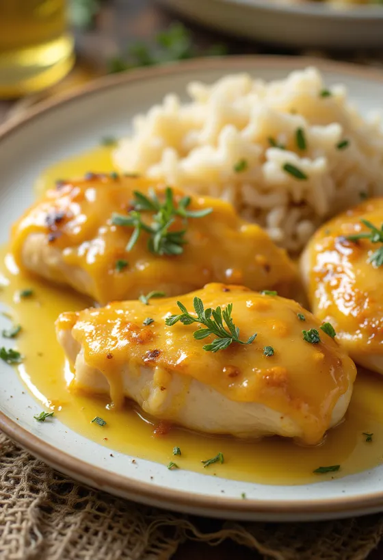 Pechuga de pollo jugosa a la miel y mostaza, dorada y servida con verduras frescas.