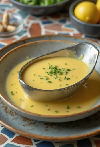 Salsa de nata a la mostaza y limón en un bol, decorada con perejil fresco
