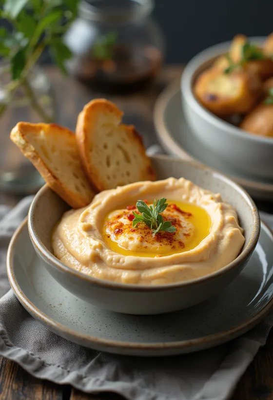 Crema de berenjena con pimiento asado servida