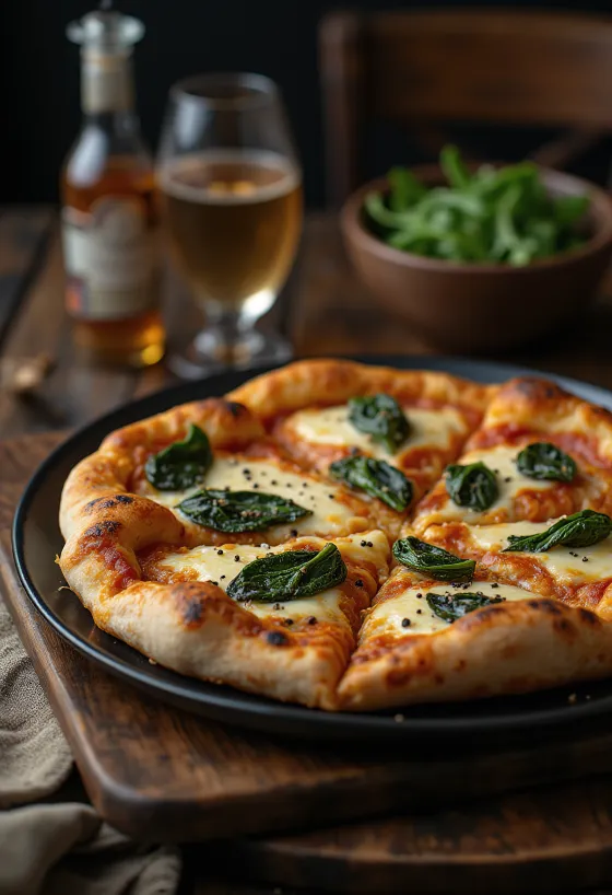 Pizza estilo tibetano servida con queso de yak y espinacas frescas