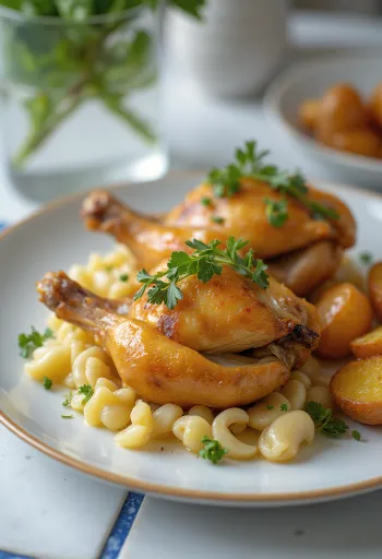 Codorniz asada a las finas hierbas, con piel crujiente y decorada con limón