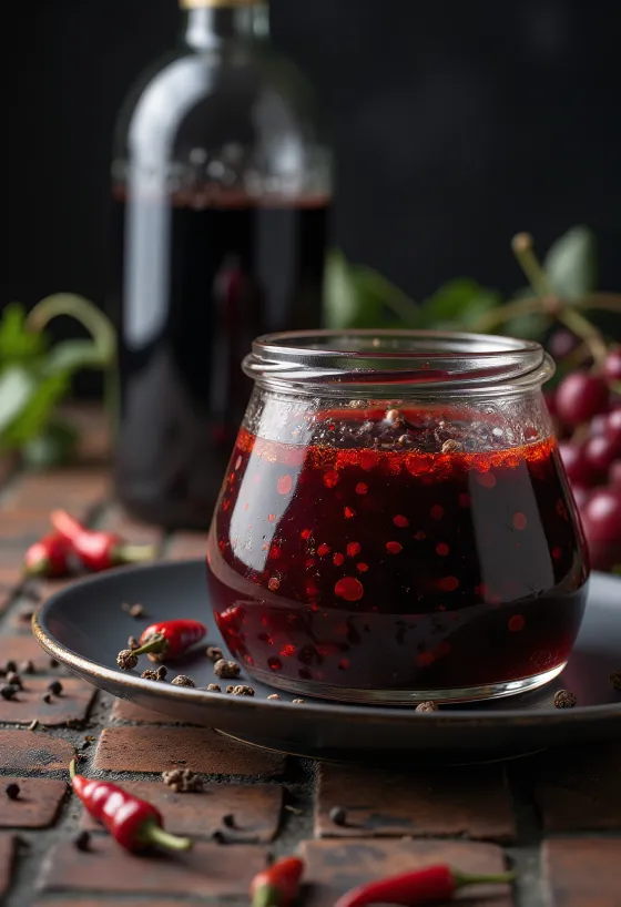 Mezcla de marinada BBQ de vino tinto y chile en un bol rústico