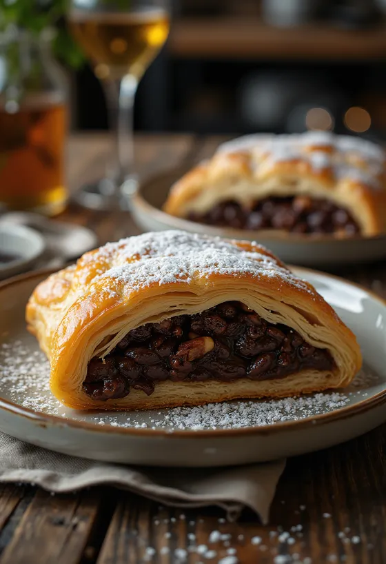 Strudel de chocolate servido en un plato