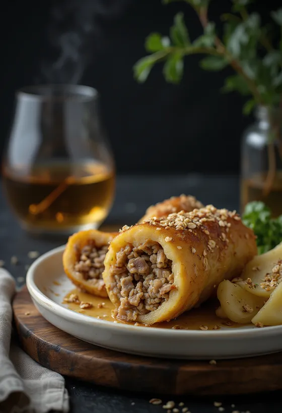 Haggis servido con puré de patata y nabo