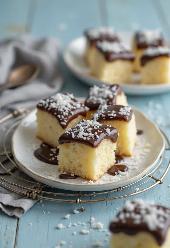Cubo de coco con cobertura de chocolate y coco rallado