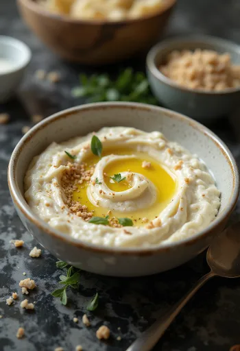 Crema de berenjena con salsa tahini servida