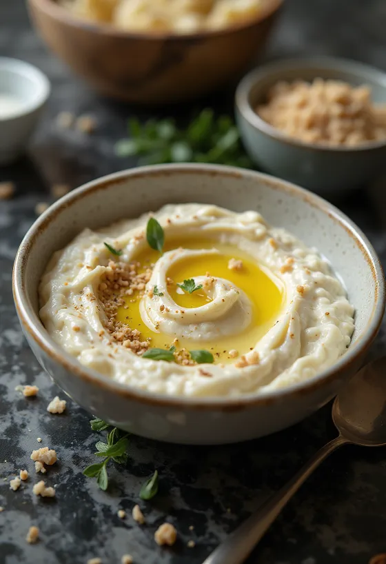 Crema de berenjena con salsa tahini servida