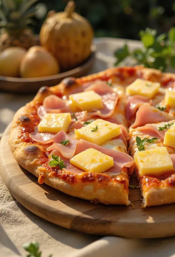 Pizza hawaiana con jamón y piña