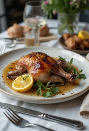 Pichón asado al romero servido