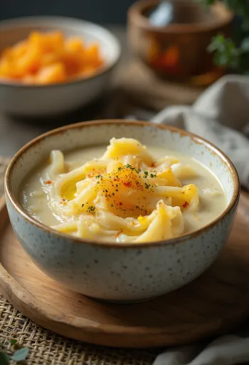 Cremoso guiso de calabacín con eneldo y nata, servido con un panecillo crujiente
