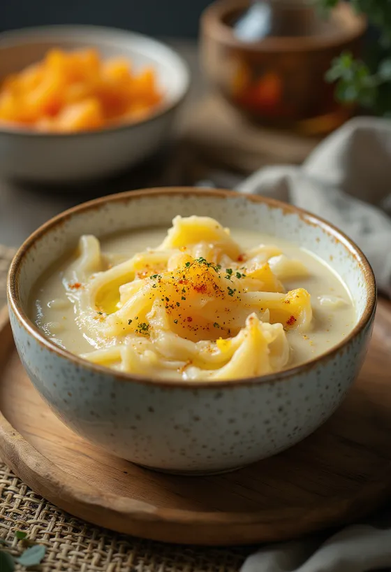 Cremoso guiso de calabacín con eneldo y nata, servido con un panecillo crujiente