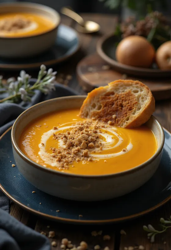 Cremosa sopa de calabaza servida con pipas tostadas y perejil fresco