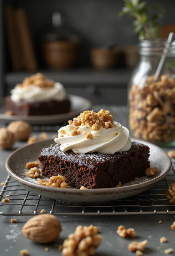 Tarta de nueces y chocolate decorada con nueces tostadas