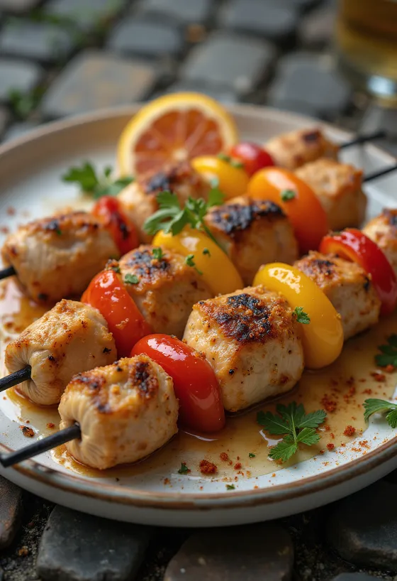 Espetada de pollo servida con pimientos