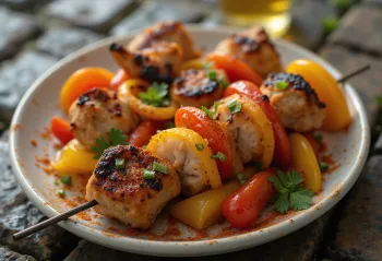 Espetada de pollo servida con pimientos