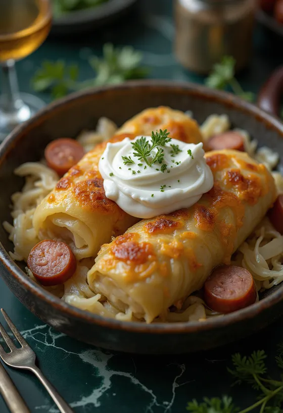Rollitos de col rellenos húngaros servidos con crema agria