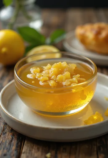 Glaseado de miel, limón y jengibre en un bol, decorado con rodajas de limón y jengibre