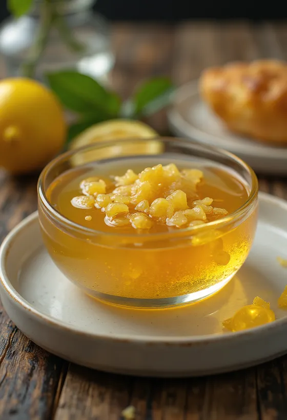 Glaseado de miel, limón y jengibre en un bol, decorado con rodajas de limón y jengibre
