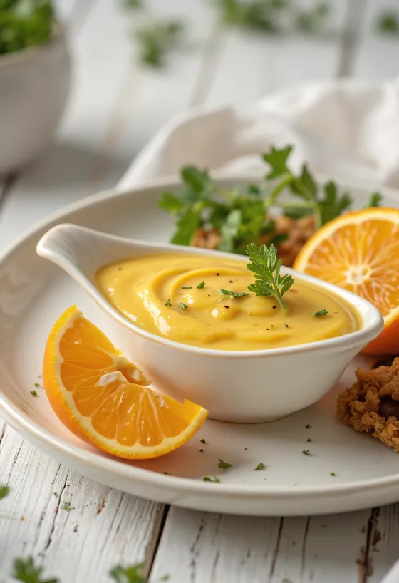 Salsa de naranja y mostaza servida