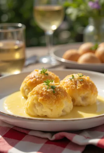 Knödel de vainilla dulce alemán con salsa de vainilla y migas