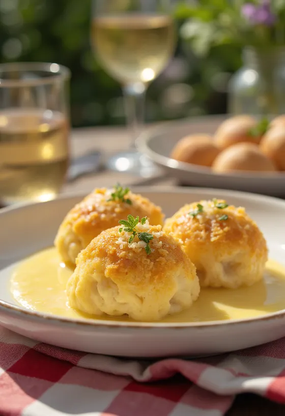 Knödel de vainilla dulce alemán con salsa de vainilla y migas