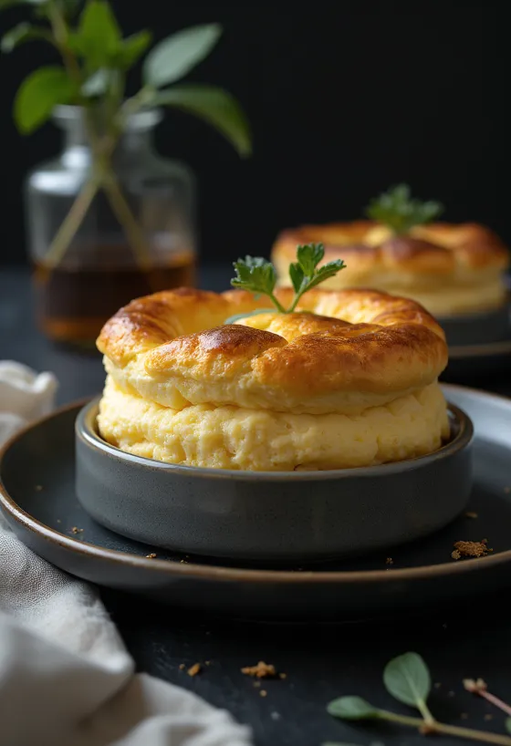 Suflé de queso y romero servido