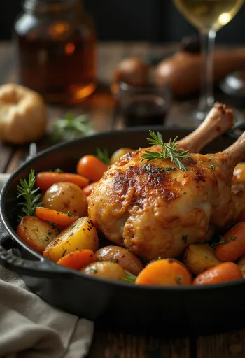 Pato asado con piel crujiente y verduras asadas