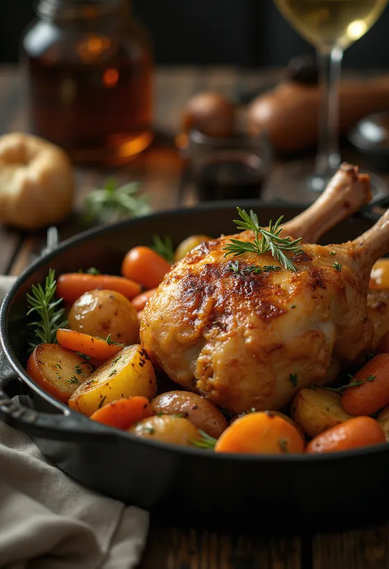 Pato asado con piel crujiente y verduras asadas