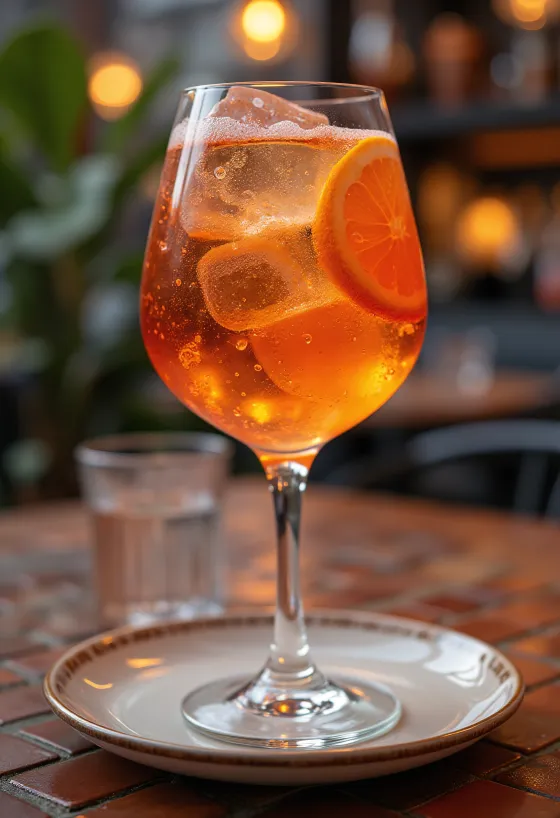 Aperol Spritz decorado con rodaja de naranja y hielo