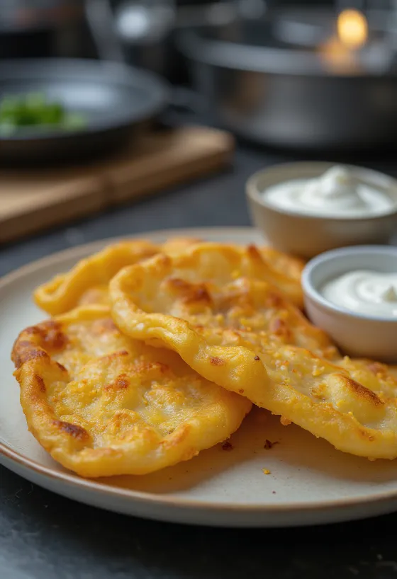 Lángos de patata dorado frito, servido con crema agria al ajo y queso rallado.