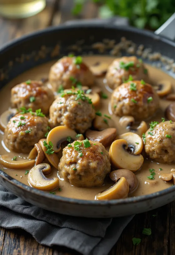 Köttbullar con salsa de setas, servido en salsa cremosa