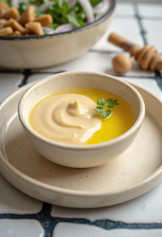Salsa de tahini con miel y jengibre servida
