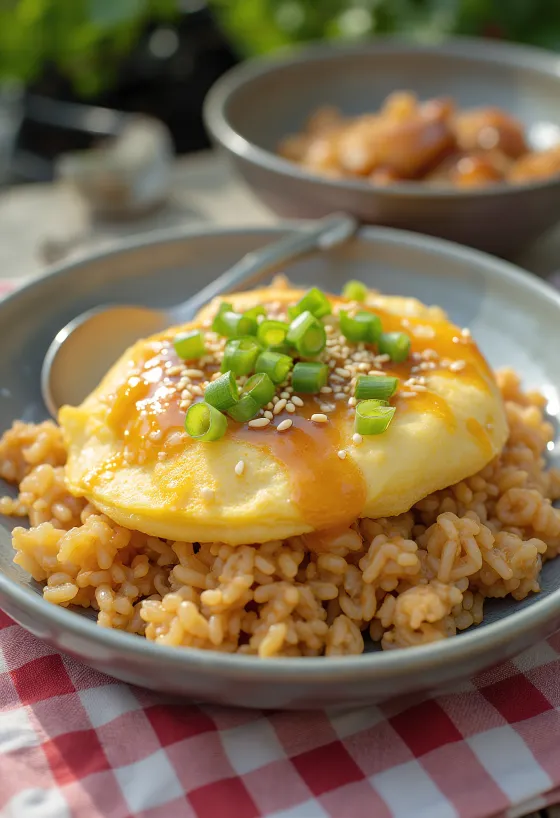 Omurice de miso en un bol, decorado con semillas de sésamo y cebolleta fresca