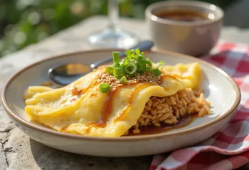 Omurice de miso en un bol, decorado con semillas de sésamo y cebolleta fresca