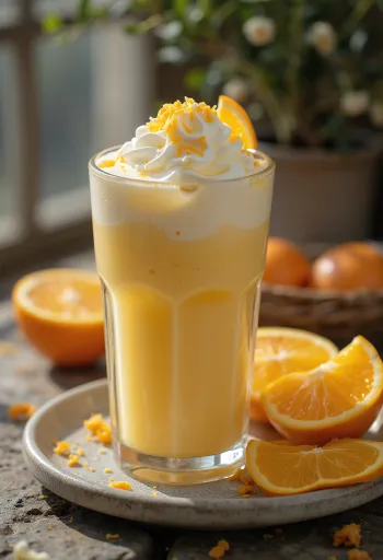 Frappé de naranja y vainilla, bebida cremosa de café decorada con nata montada y ralladura de naranja
