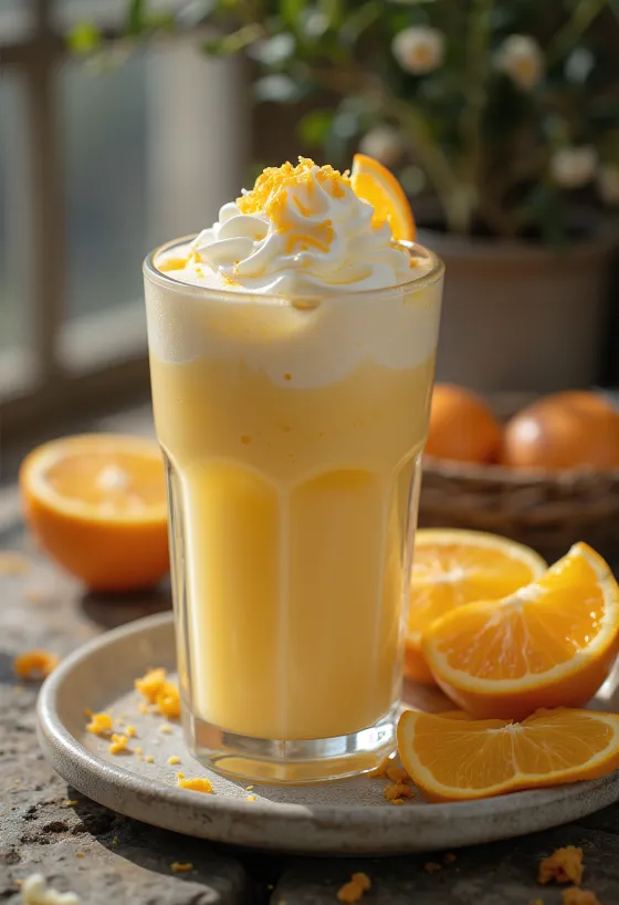 Frappé de naranja y vainilla, bebida cremosa de café decorada con nata montada y ralladura de naranja