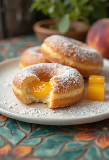 Dónut de melocotón servido con azúcar glas
