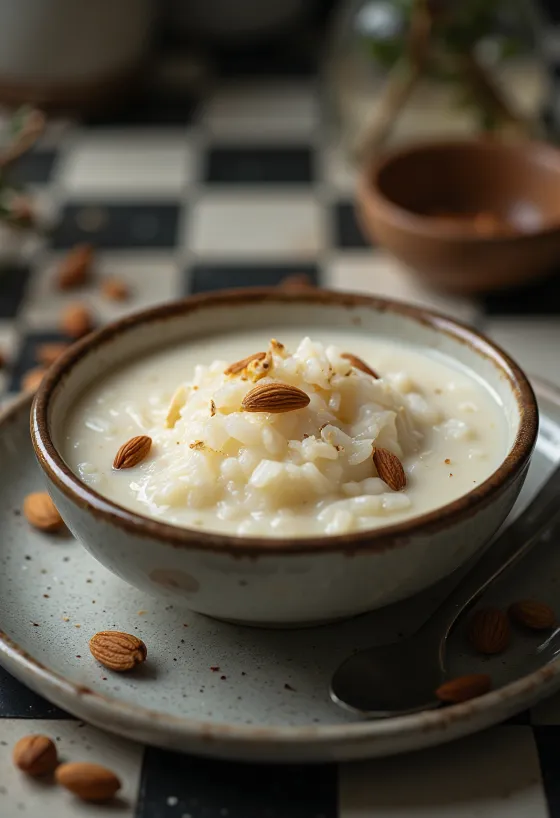 Postre de arroz kheer decorado con almendras y cardamomo