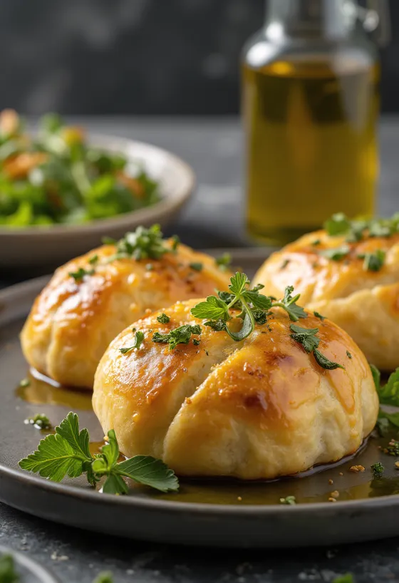 Stromboli con aceite de oliva especiado servido, con rico aceite especiado, crujiente por fuera y suave por dentro.
