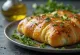 Stromboli con aceite de oliva especiado servido, con rico aceite especiado, crujiente por fuera y suave por dentro.