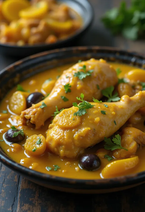 Tajine de pollo con limones encurtidos servido en un tajine tradicional